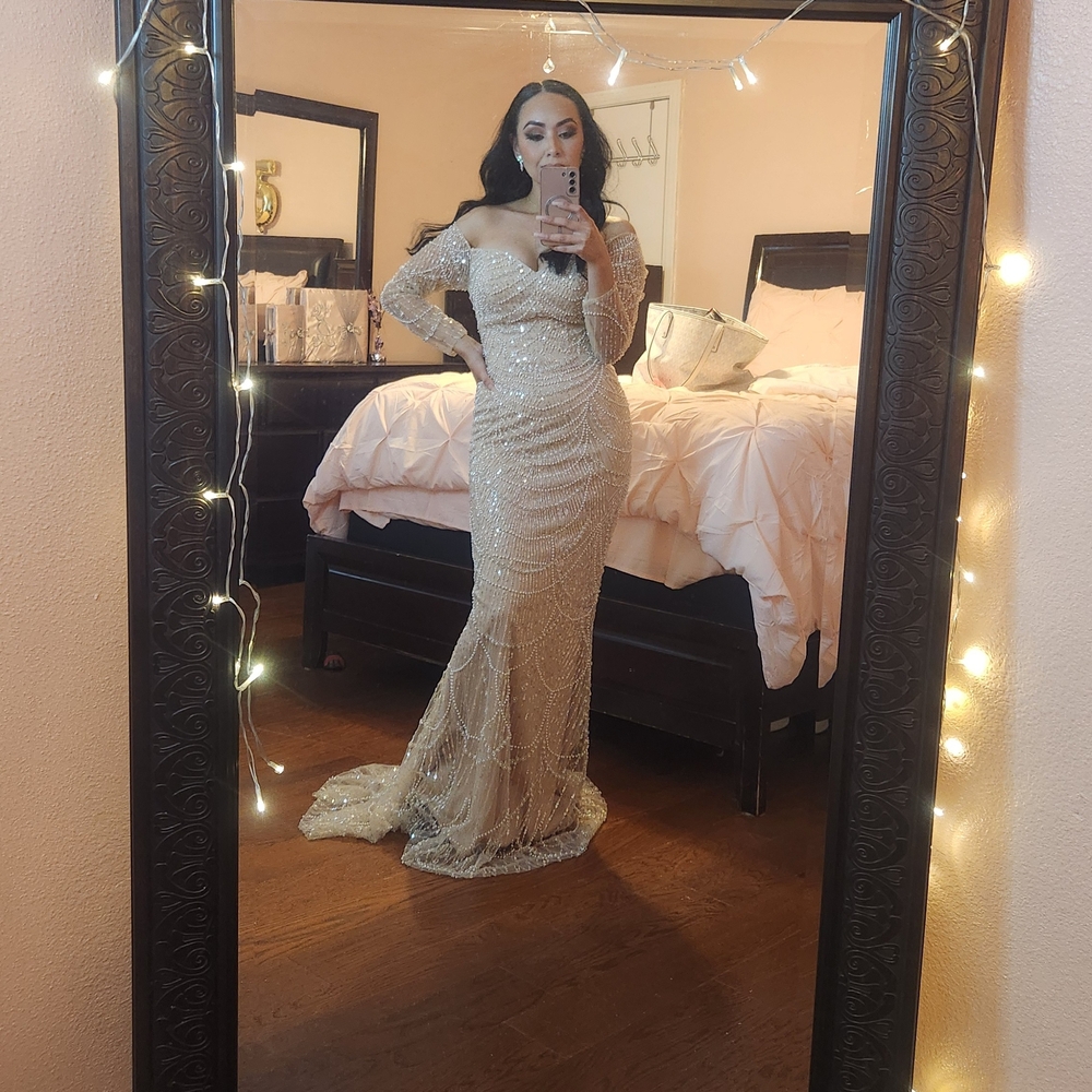 Gold Sequin Embellished Long Sleeve Gown - Picture 2 of 2